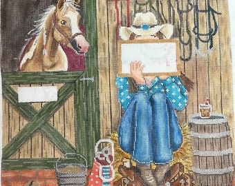 Hand Painted Needlepoint Canvas Stitching Girl with Horse - Gayla Elliott Design