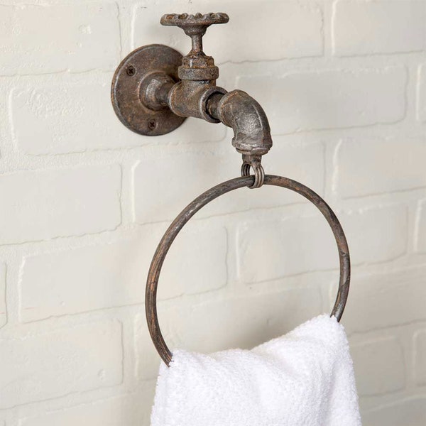 Towel Ring Holder, Rail, Distressed Tarnished Cast Iron Water Pipe & Tap