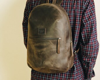 Brown leather backpack for men, laptop backpack