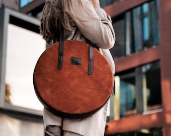 Brown leather shoulder bag, Women’s soft leather round handbag, Suede shoulder bag, Circle leather bag Messenger purse Shopper bag