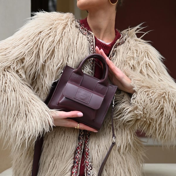 Italienische Leder Umhängetasche für Damen – Handgefertigte Leder Schultertasche, Bordeaux Handtasche