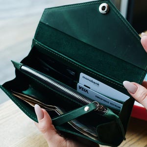 Cartera de cuero verde para mujer, Monedero de cuero verde, Cartera larga, Cartera de cuero verde oscuro, Monedero simple y elegante, Cartera Slytherin