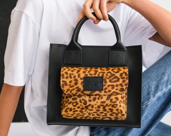 Leopard Leather tote bag with pockets, Personalized tote bag, Aesthetic tote bag, Tote bag with zipper, Leather shoulder bag, Cross body bag