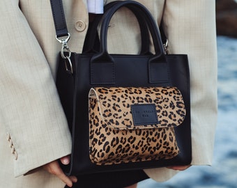 Leopard Tragetasche mit Reißverschluss, Leder Tragetasche mit Taschen, Tragetasche personalisierte Geschenke für Mutter, Kleine Leder Crossbody Bag, Geschenke für sie