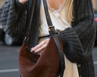 Handmade Brown Suede Hobo Bag, Crescent Leather Shoulder Purse, Soft Women's Handbag