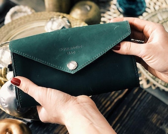 Green leather wallet_handmade leather pocketbook_green leather purse_womens emerald green wallet, credit card purse Button Wallet
