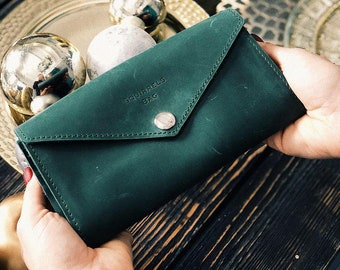 Green leather wallet_handmade leather pocketbook_green leather purse_womens emerald green wallet, credit card purse Button Wallet