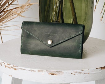Green leather wallet, Womens wallet, Button wallet, Leather pocketbook, Gifts for women, Gifts for her Long wallet big, Simple elegant purse