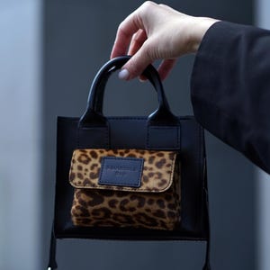 Handmade Italian Leather Top Handle Bag: Black & Leopard Print
