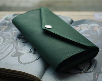 Handmade Emerald Green Leather Wallet: Long Women's Credit Card Purse
