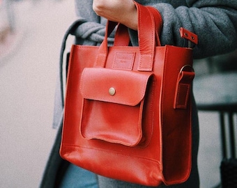 Handmade Red Leather Tote Bag: Top Handle Crossbody bag with front Pocket.