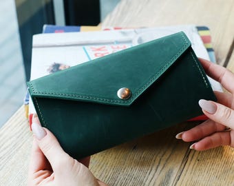 Cartera de cuero verde, billetera de cuero hecha a mano, monedero de cuero verde, billetera verde esmeralda para mujer, monedero para tarjetas de crédito Cartera con botones