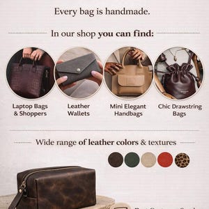 May include: Image showcasing a variety of leather goods from Squirrels_Bag, including laptop bags, wallets, mini handbags, and drawstring bags. The image highlights a wide range of leather colors and textures, with a brown leather toiletry bag in the foreground. Text reads "Every bag is handmade."