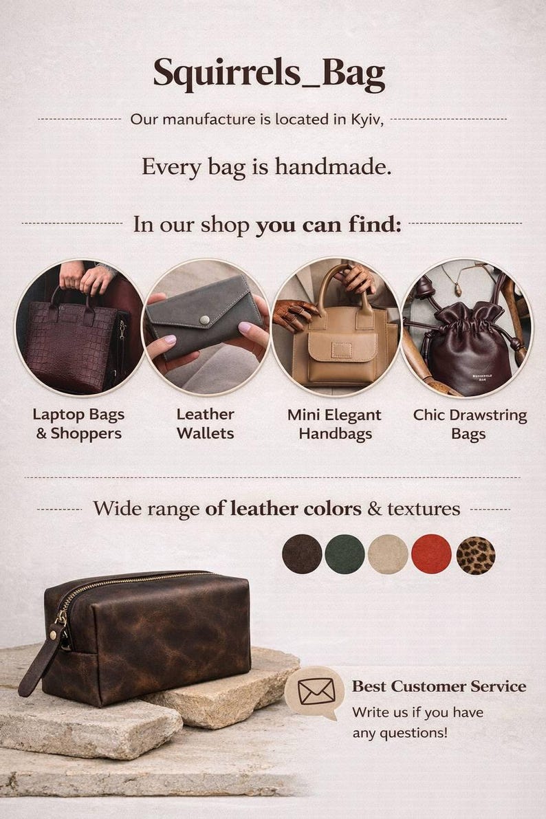 May include: Image showcasing a variety of leather goods from Squirrels_Bag, including laptop bags, wallets, mini handbags, and drawstring bags. The image highlights a wide range of leather colors and textures, with a brown leather toiletry bag in the foreground. Text reads "Every bag is handmade."