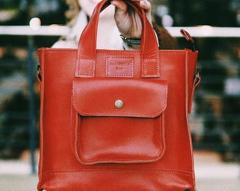 Red Leather Top handle Tote Bag Women with front pocket: Handmade Crossbody Shoulder Bag with attachable bag strap