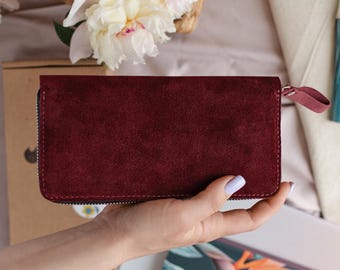 Portafoglio in pelle con cerniera personalizzato per donna - Portafoglio lungo con pochette e dettagli in pelle scamosciata, regalo per lei, portafoglio con cerniera, regali in pelle per lei