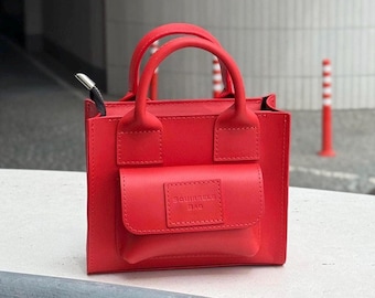 Bolso tote mini rojo de piel, bolso tote pequeño, bolso de piel estructurado, bolso tote diminuto, bolso negro minimalista, bolso de lujo para el día a día