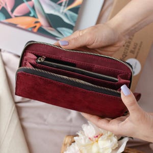 Cartera de cuero larga, Cartera de cuero personalizada para mujer, Cartera de cuero para mujer hecha a mano