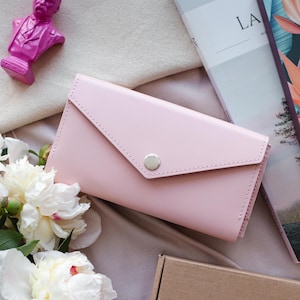 Carteira de couro minimalista feminina com zíper, carteira rosa, carteira de meninas fofas, carteira feminina da moda, carteira de livro, carteira longa