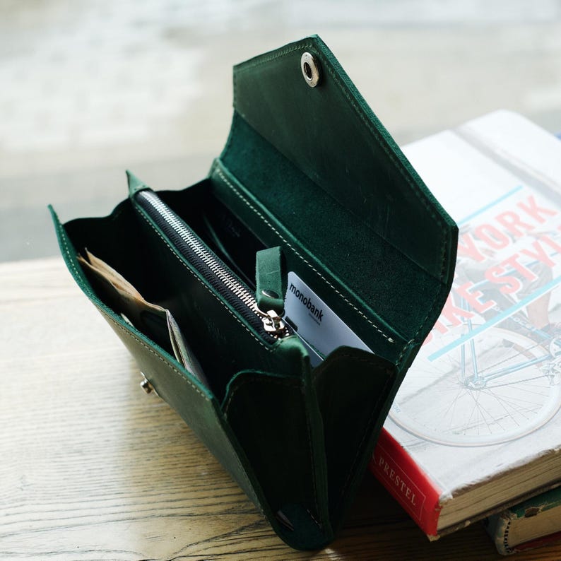 womens wallet
leather pocketbook
long wallet big
button wallet
simple elegant purse
handmade leather
bright green wallet
emerald wallet
green leather wallet
deep green wallet
green leather purse
dark green leather
cute girls wallet