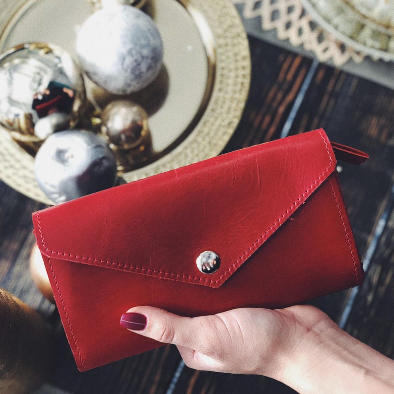 Red leather wallet, handmade leather pocketbook, green leather purse, womens emerald green wallet, credit card purse Button Wallet
