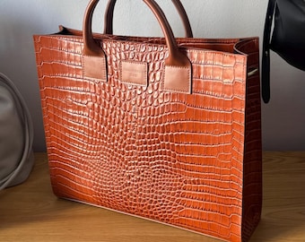 Top handle laptop bag for office, Luxury Crocodile-Embossed Brown Leather Tote Bag - Durable Shopper Women, Top handle laptop bag for office
