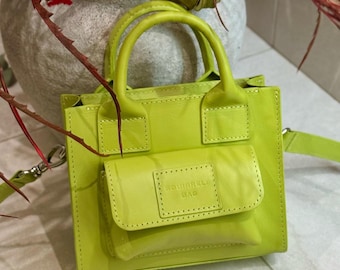 Lime Green Leather Crossbody Bag for Women, Italian Leather
