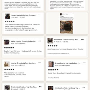 May include: Image of Etsy customer reviews for handmade leather goods. Reviews include comments about the quality, design, and service. Products include wallets, tote bags, and handbags. The reviews are displayed in a grid format.