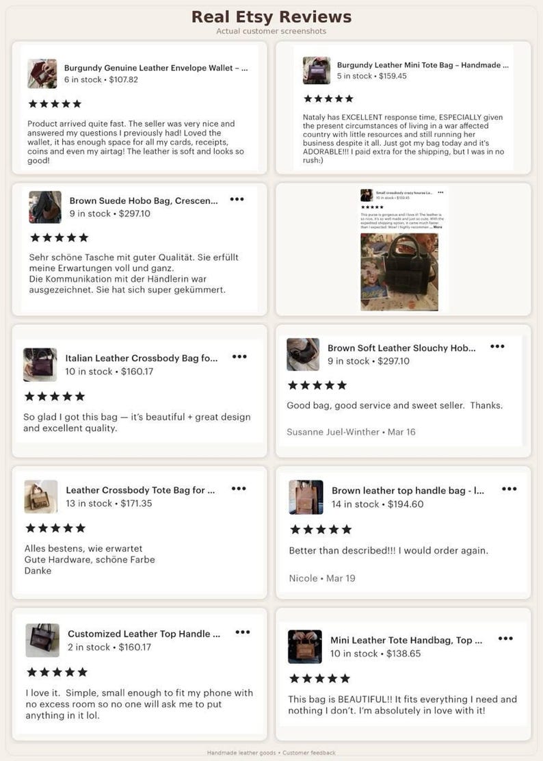 May include: Image of Etsy customer reviews for handmade leather goods. Reviews include comments about the quality, design, and service. Products include wallets, tote bags, and handbags. The reviews are displayed in a grid format.