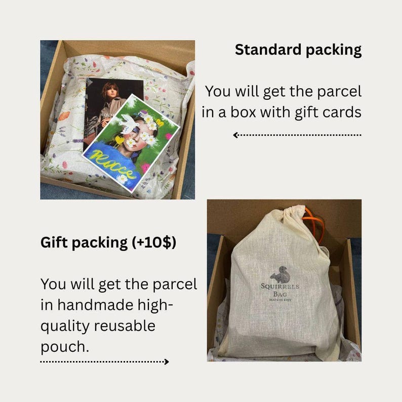 The image is a collage of three images, each depicting a different type of gift packaging. The first image shows a gift in a box with gift cards, the second image shows a gift in a bag, and the third image shows a gift in a box with a handwritten note.