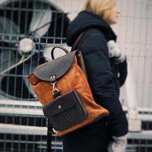 Brown Leather Backpack Purse: Suede Minimalist Bag