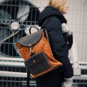 Brown Leather & Suede Backpack Purse – Minimalist Travel Commuter Bag, Laptop Friendly