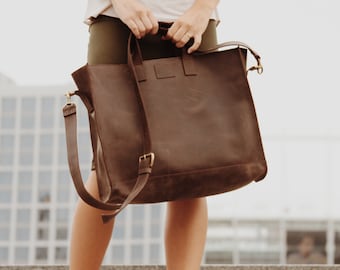 Brown Leather Tote bag aesthetic, Leather laptop bag, Leather bag Women, Messenger bag, Women Personalized bag, Laptop tote bag with zipper