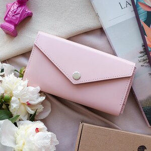 Cartera de cuero rosa para mujer, Cartera con bolsillo en el pecho, Cartera linda para niñas, Cartera tipo libro, Cartera minimalista para mujer con cremallera, Cartera larga