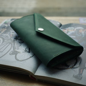 Cartera de cuero para mujer, separadores de efectivo, billetera de cuero hecha a mano, monedero de cuero verde, billetera verde esmeralda