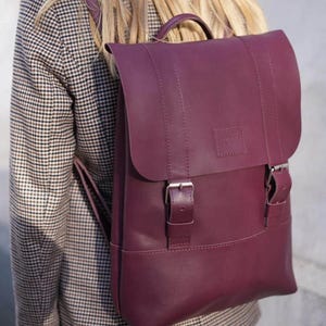 Burgundy Leather Laptop Backpack, Handmade Rucksack, Minimalist Work Bag