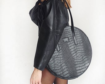 Bolso de cuero negro, bolso de cuero redondo, bolso de hombro, bolso simple, bolso de cuero hecho a mano, bolso elegante, bolso redondo, bolso de hombro, bolso de todos los días