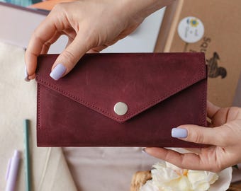 Burgundy Genuine Leather Envelope Wallet – Handmade Minimalist Slim Clutch, Long Womens Wallet & Personalized Gift for Her