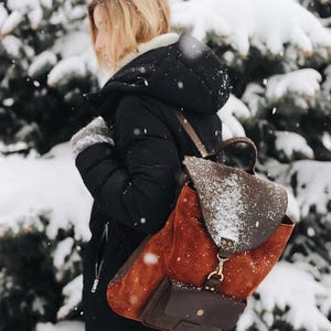 Burgundy Suede Backpack, Leather Backpack Women, Handmade Backpack, Everyday Backpack, Minimalist Backpack, Gift For Her orange + brown