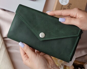 Personalized Leather Travel Wallet Organizer: Handmade Green Leather