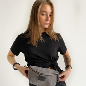 Grey Leather Fanny pack for women, belt bag, Hip bag, Bum bag