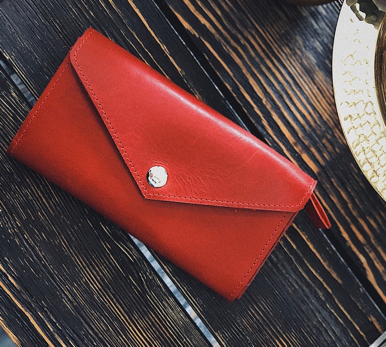 red leather wallet, Handmade leather pocketbook Green leather purse Womens emerald green wallet Credit card purse Button Wallet