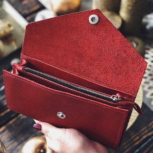 Cartera de piel roja para mujer, Cartera minimalista, Cartera vintage, Cartera larga, Cartera de libro, Cartera con cremallera, Cartera para pasaporte