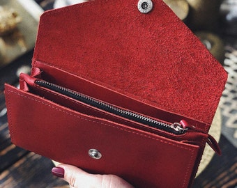 Cartera de piel roja para mujer, Cartera minimalista, Cartera vintage, Cartera larga, Cartera de libro, Cartera con cremallera, Cartera para pasaporte