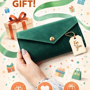 May include: A dark green wallet with a gold button and a "For You" tag. The image features the text "A wallet makes a great GIFT!" and illustrations of gift boxes and ribbons. The words "Thoughtful," "Practical," and "Stylish" are also displayed.