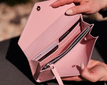 Cartera larga de cuero grabado, Cartera minimalista rosa, Cartera moderna hecha a mano, Cartera delgada