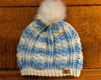 Crochet Cabled Winter Hat with Faux Fur Pom- Ready to Ship Child size