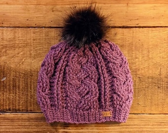 Crochet Wool Braided Cable Beanie with Pom- Made to order- Adult Size