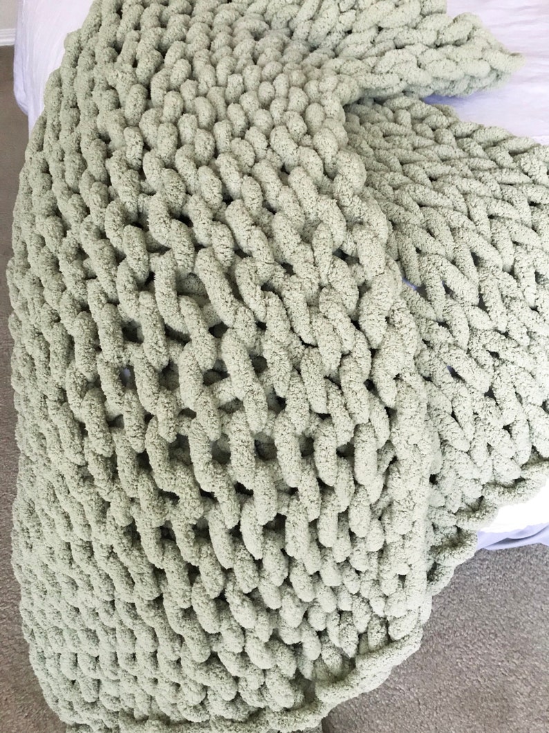 Chunky hand knit fuzzy throw blanket in sage green birthday Etsy