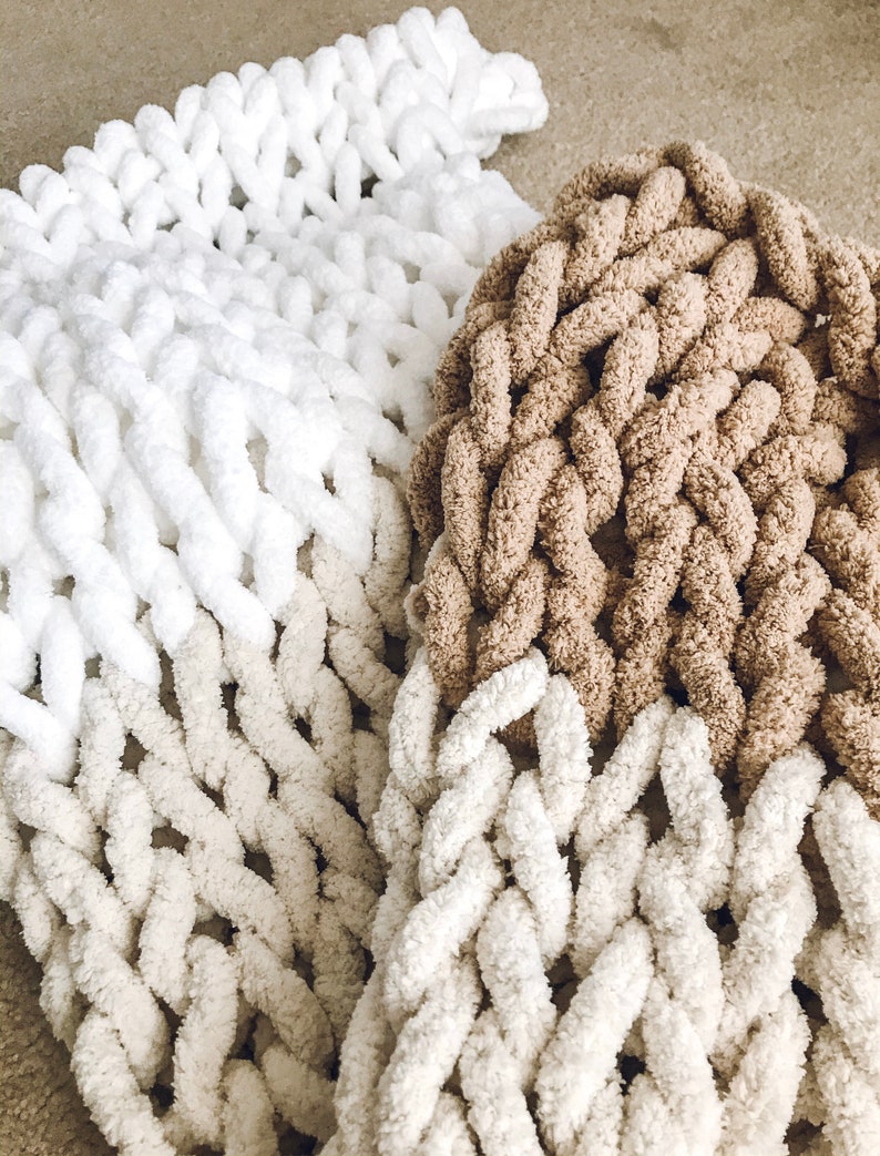 Chunky hand knit fuzzy throw blanket in cream ombré birthday Etsy